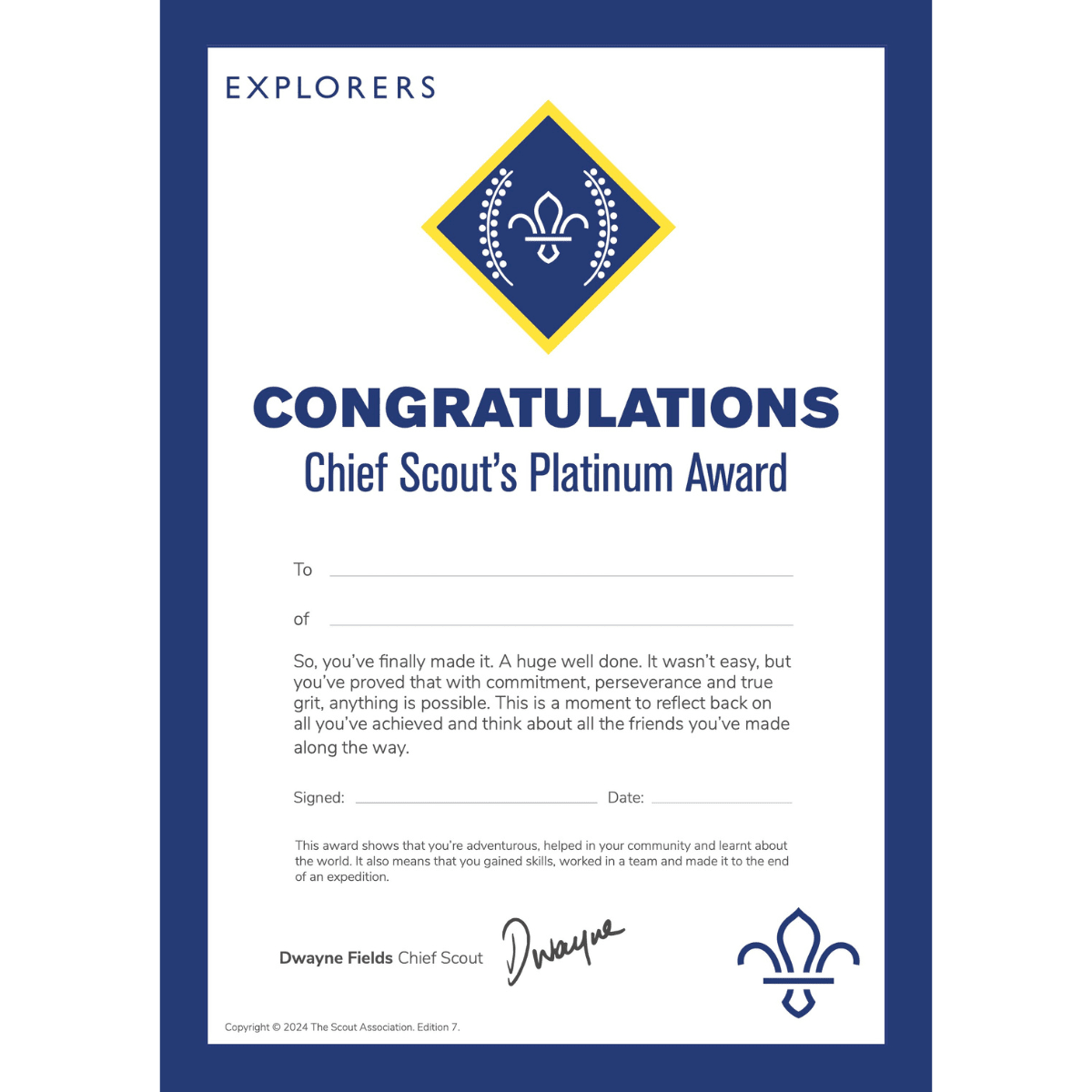 Platinum Chief Scout Award Certificates Pack of 10