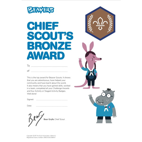 Beavers Chief Scout Award Bronze Certificates Pack of 10