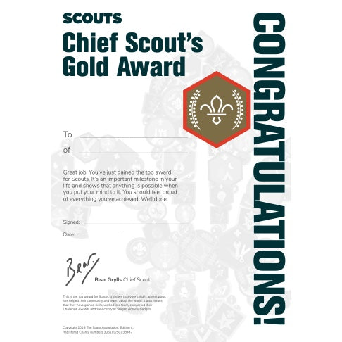 Scouts Chief Scout Award Gold Certificates Pack of 10
